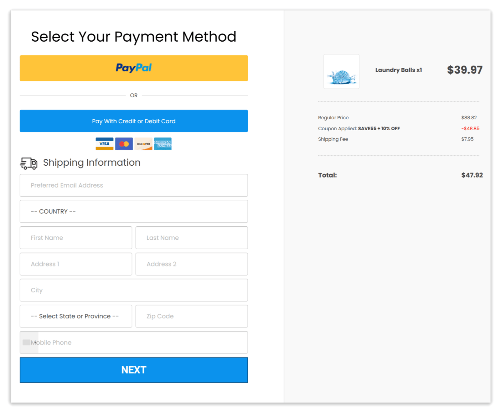 OdorCrush Laundry Ball checkout page
